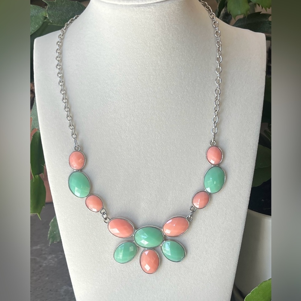 Elegant Silver Necklace with Coral and Mint Stones